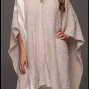 Barefoot Dreams CozyChic Button Oversized Collared Poncho Tan and Cream